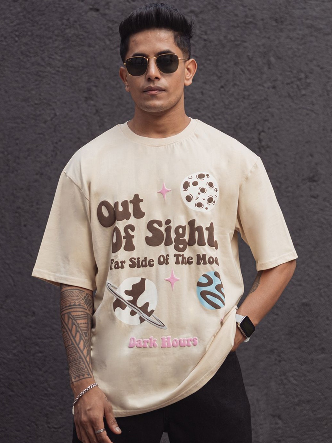

Powerlook Typography Printed Round Neck Oversized Cotton T-shirt, Cream