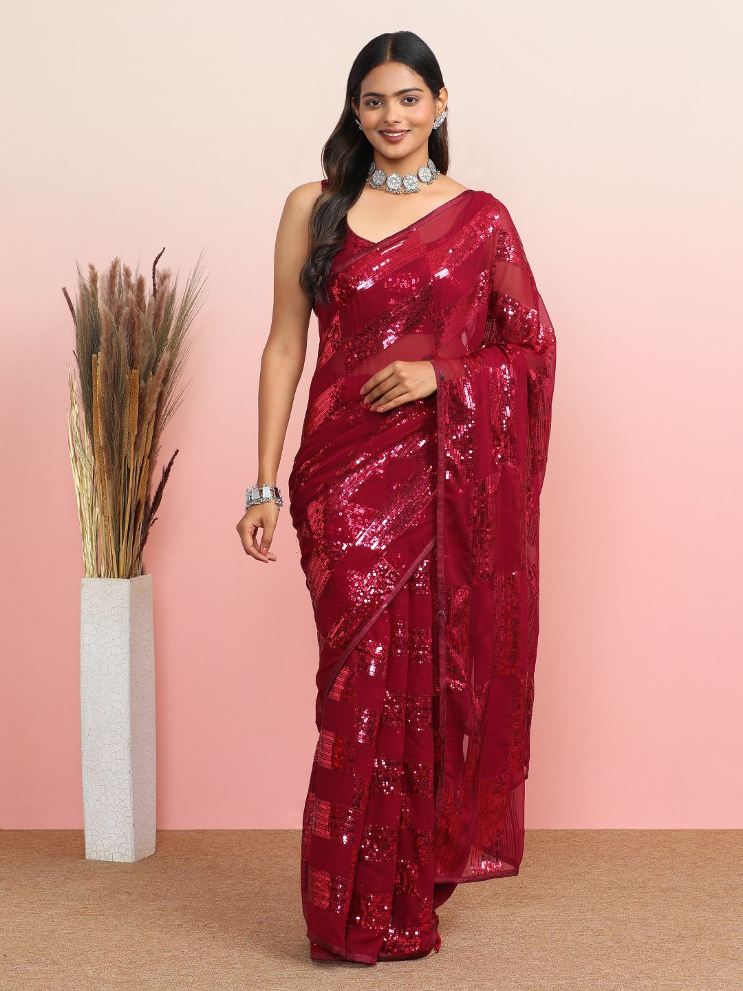 

MAHALASA Ethnic Motifs Embroidered Pure Georgette Saree, Maroon