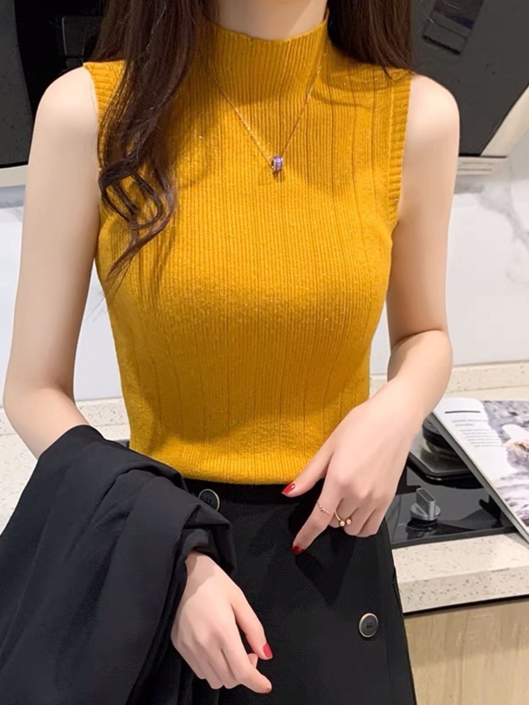 

StyleCast Girls Solid High Neck Top, Yellow