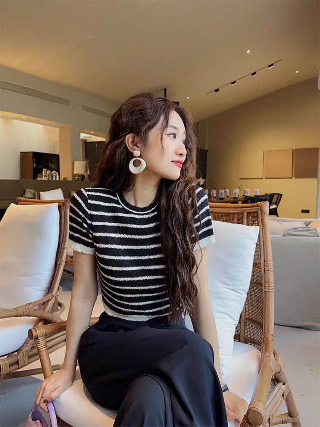 

StyleCast Girls Round Neck Striped Crop Top, Black