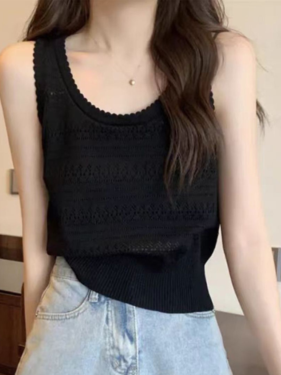 

StyleCast Girls Black Self Design Round Neck Sleeveless Top