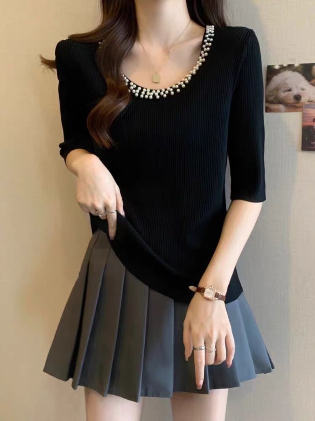 

StyleCast Girls Black Round Neck Studded Regular Top
