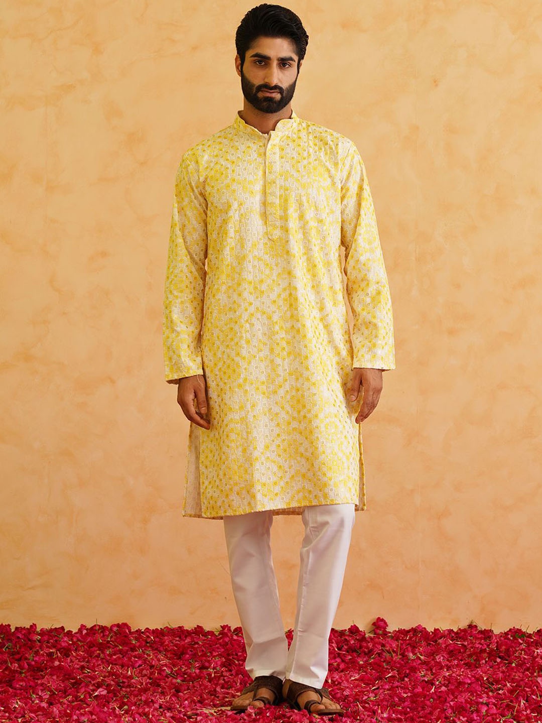 

SOJANYA Ethnic Motifs Embroidered Regular Pure Cotton Kurta with Churidar, Yellow