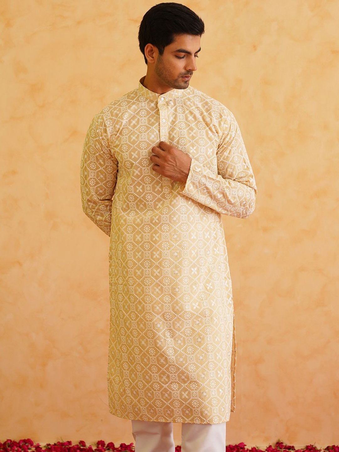 

SOJANYA Ethnic Motifs Embroidered Regular Thread Work Pure Cotton Kurta with Churidar, Beige