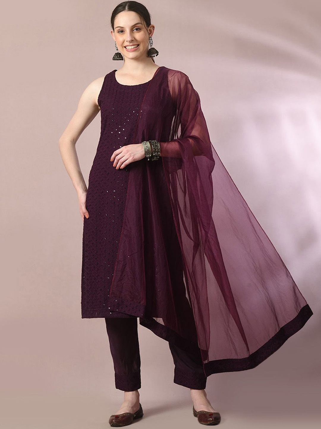 

HERE&NOW Sequinned Pure Cotton Kurta With Trouser & Dupatta, Magenta