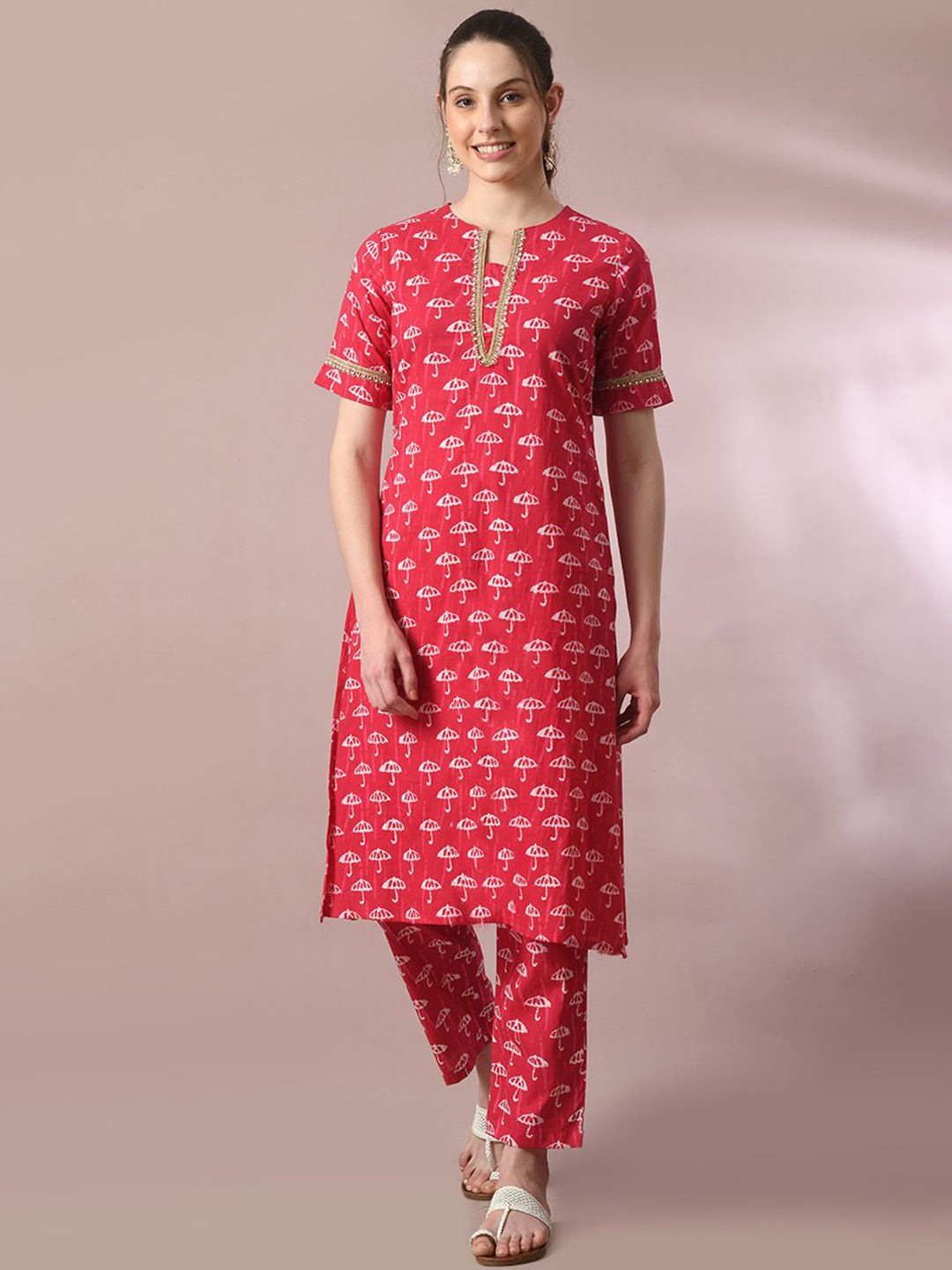

HERE&NOW Pink Geometric Printed Notched Neck Pure Cotton Straight Kurta with Trouser