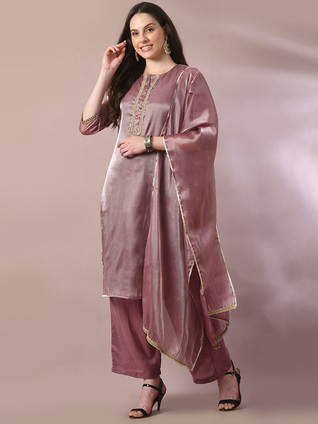 

HERE&NOW Brown Yoke or Border Beads and Stones Straight Kurta with Palazzos & With Dupatta