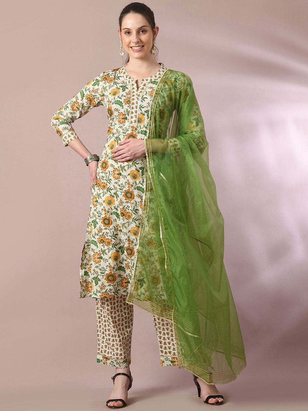 

HERE&NOW Cream Floral Printed Pure Cotton Straight Kurta with Palazzos & With Dupatta