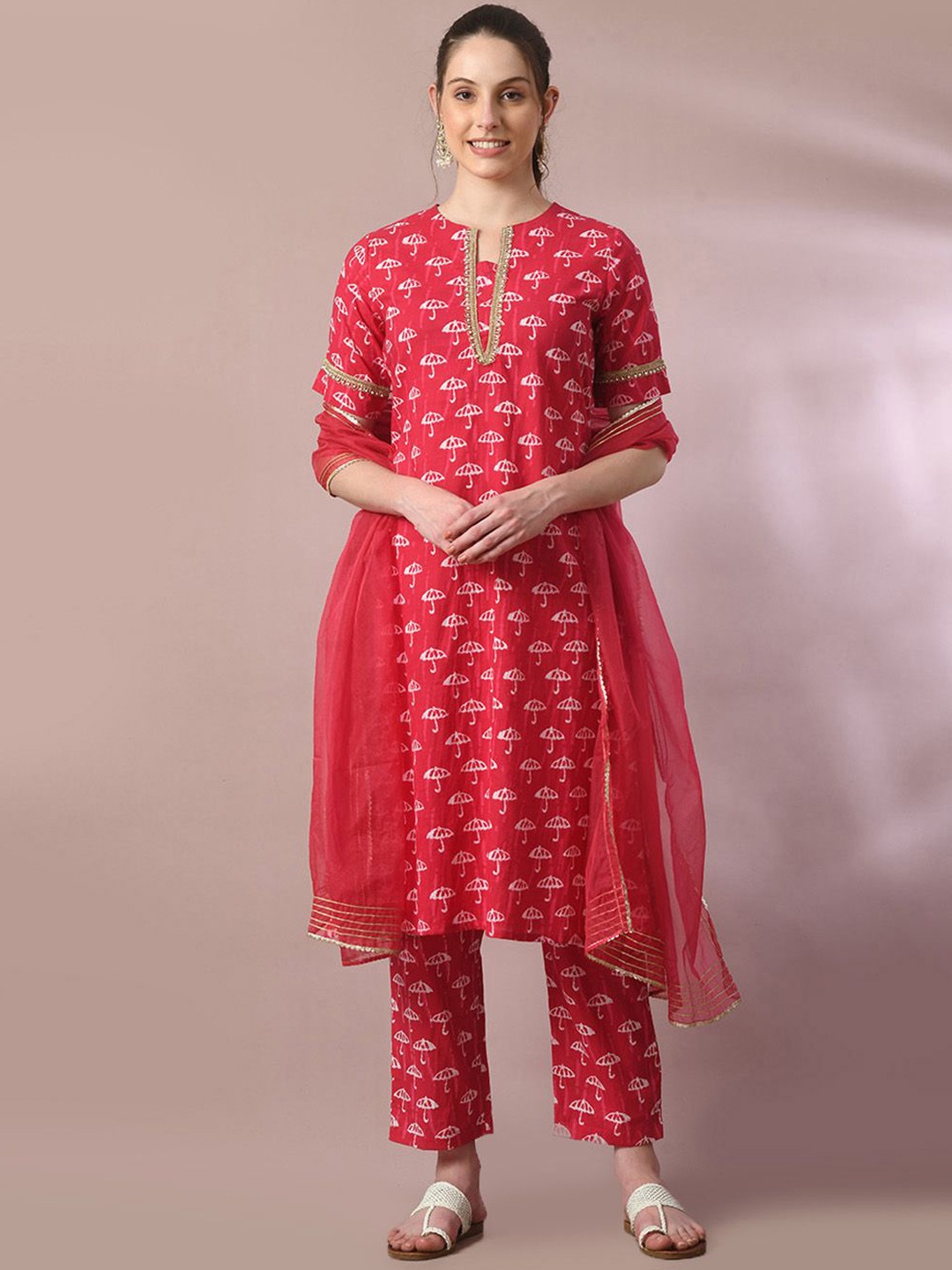 

HERE&NOW Pink Geometric Printed Pure Cotton Straight Kurta with Trousers & With Dupatta