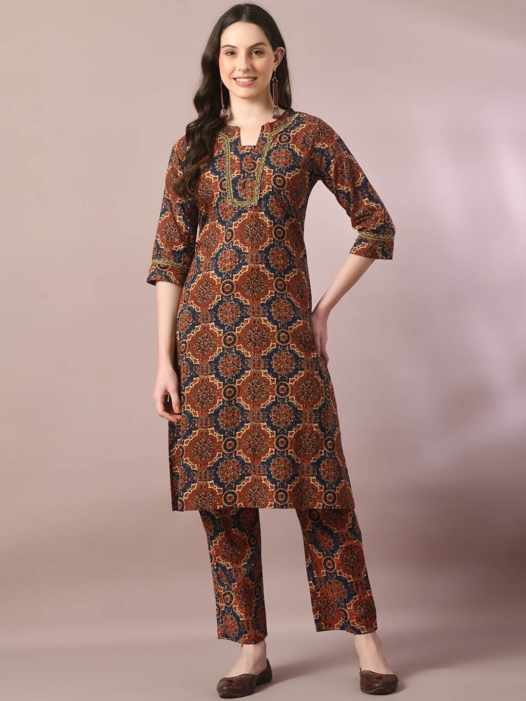

HERE&NOW Blue Ethnic Motifs Printed Notched Neck Pure Cotton Kurta with Trousers