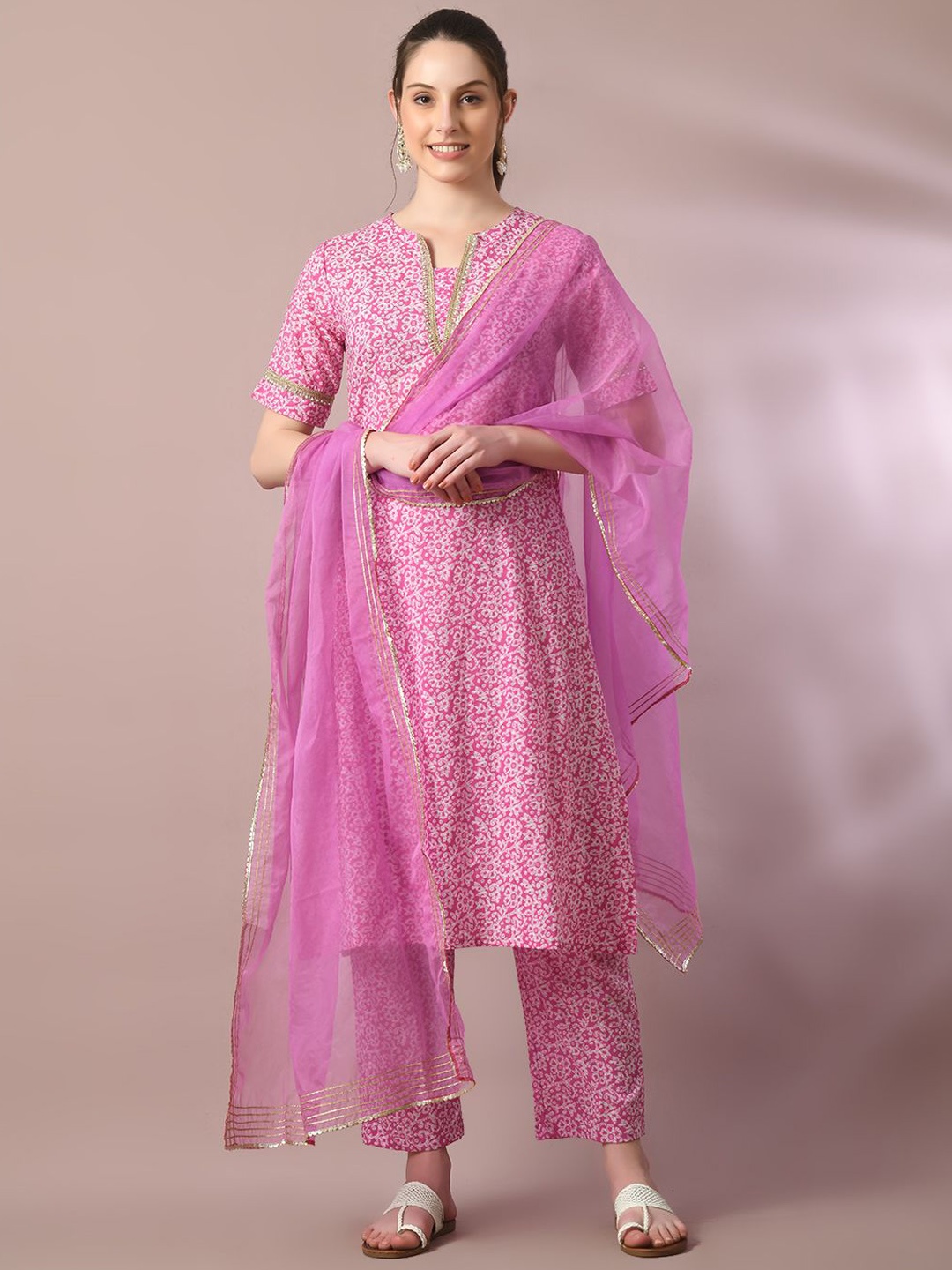 

HERE&NOW Floral Printed Pure Cotton Kurta With Trouser & Dupatta, Pink