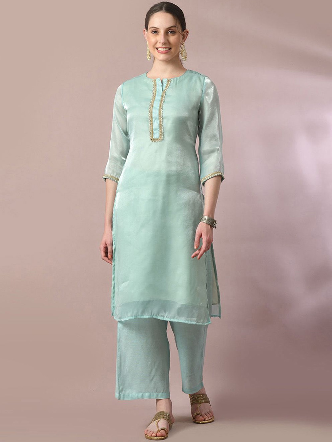 

HERE&NOW Beads and Stones Straight Kurta With Palazzos, Sea green