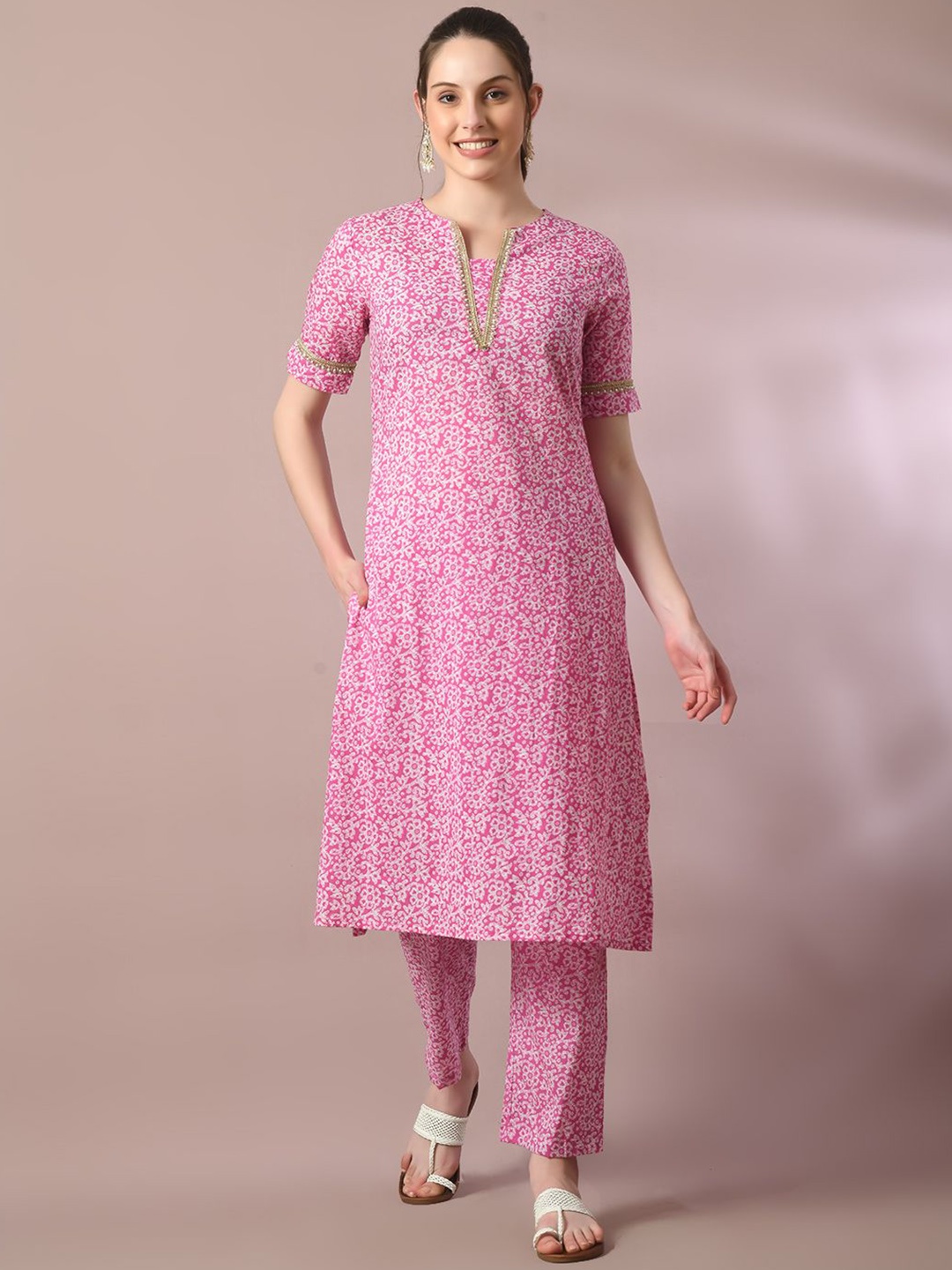 

HERE&NOW Ethnic Motifs Printed Pure Cotton Kurta With Trouser, Pink