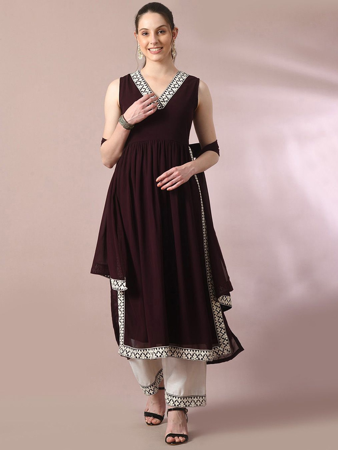 

HERE&NOW Embroidered Empire Kurta With Palazzo & Dupatta, Coffee brown