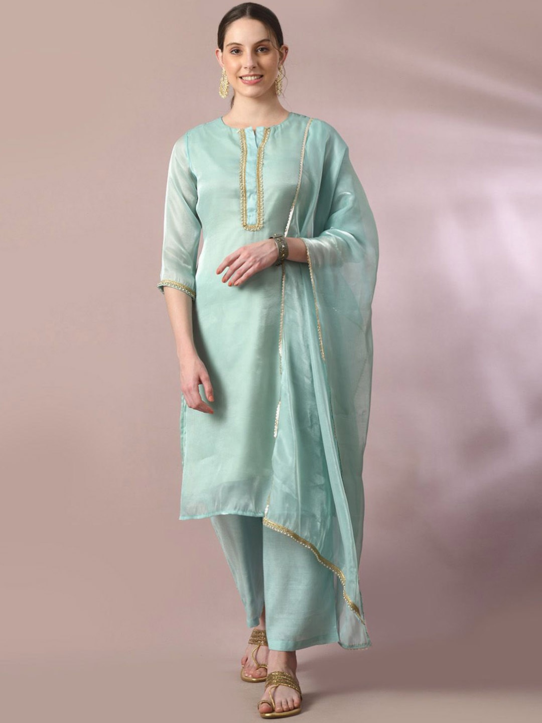 

HERE&NOW Gotta Patti Kurta With Palazzo & Dupatta, Sea green