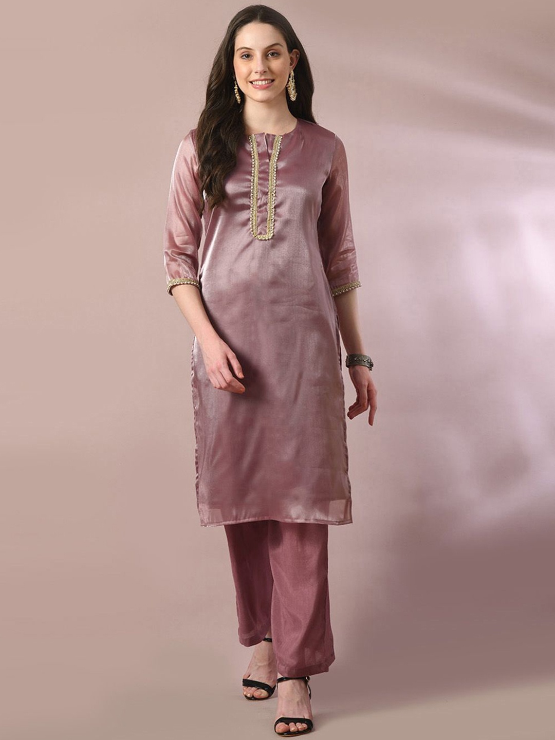 

HERE&NOW Brown Yoke or Border Beads and Stones Straight Kurta with Palazzos