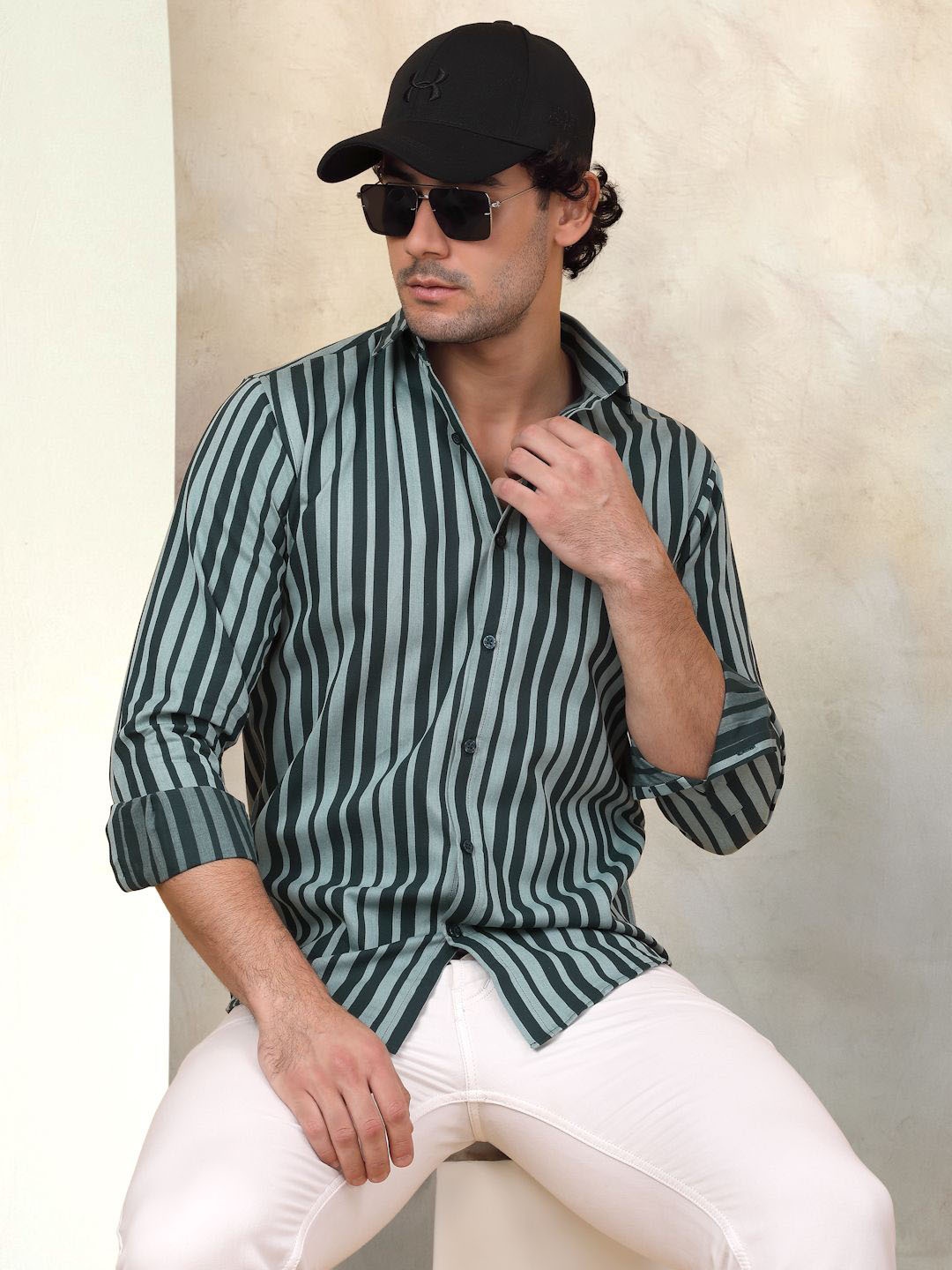 

Indian Needle Classic Opaque Striped Cotton Casual Shirt, Green