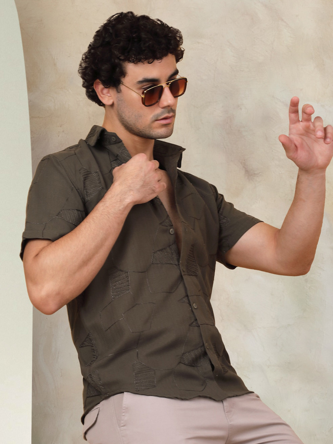 

Indian Needle Classic Embroidered Opaque Cotton Casual Shirt, Olive