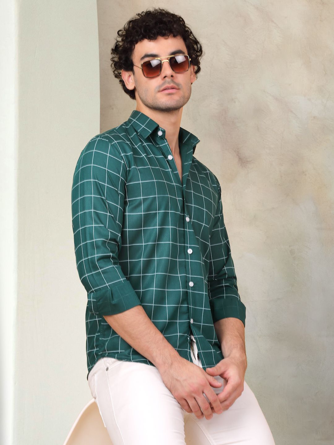 

Indian Needle Classic Checked Cutaway Collar Cotton Casual Shirt, Green