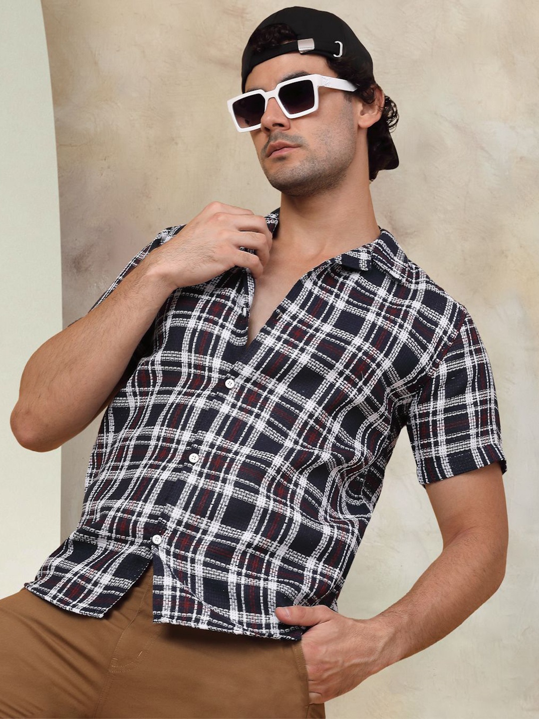 

Indian Needle Classic Tartan Checks Opaque Checked Cotton Casual Shirt, Navy blue