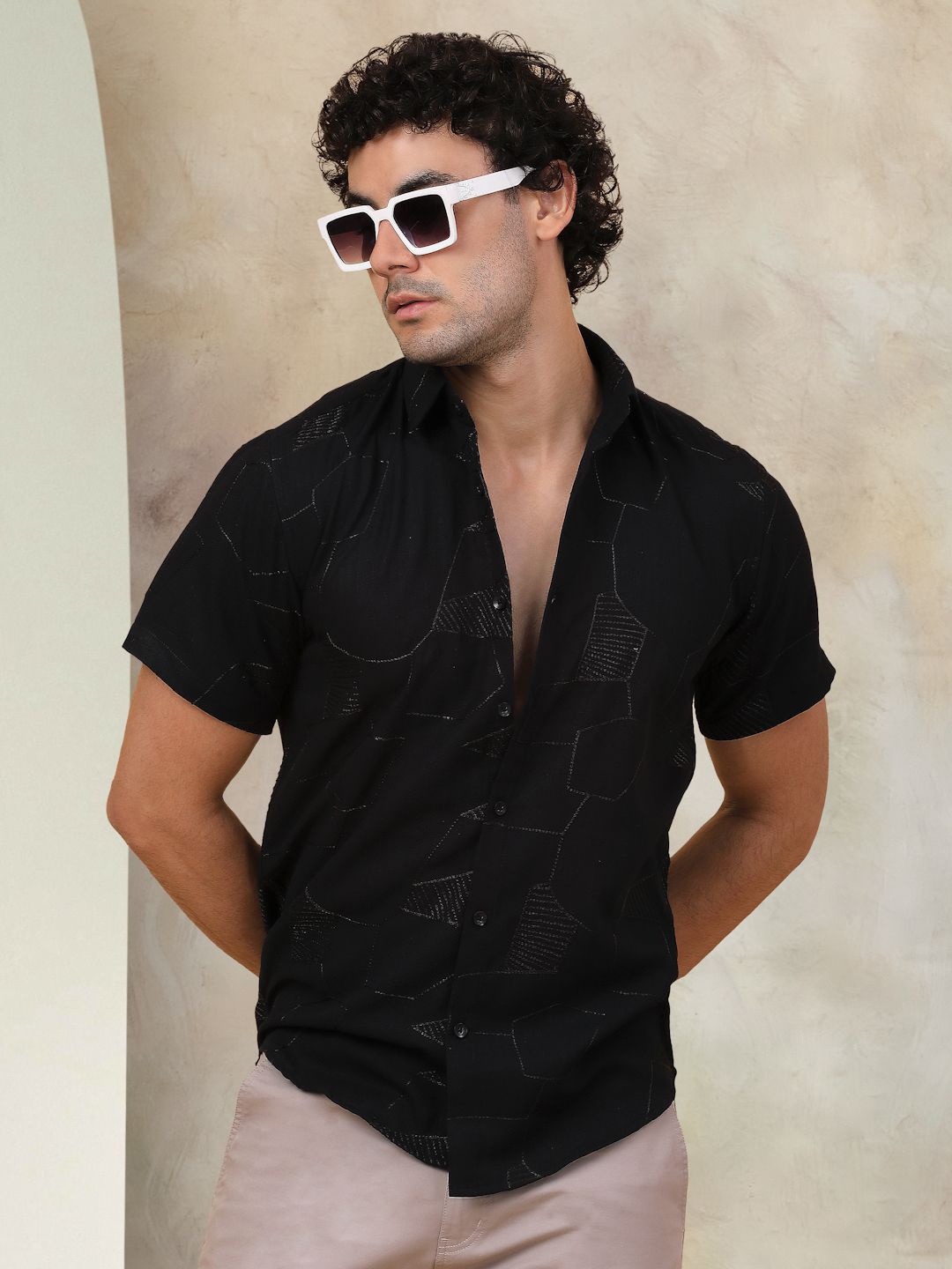 

Indian Needle Classic Geometric Embroidered Cutaway Collar Casual Shirt, Black