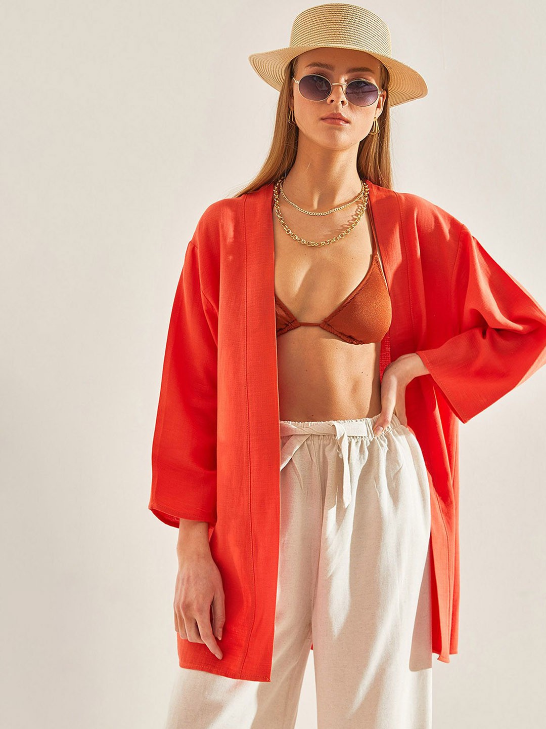 

BIANCO LUCCI V-Neck Mini Swimwear Cover up Top, Red