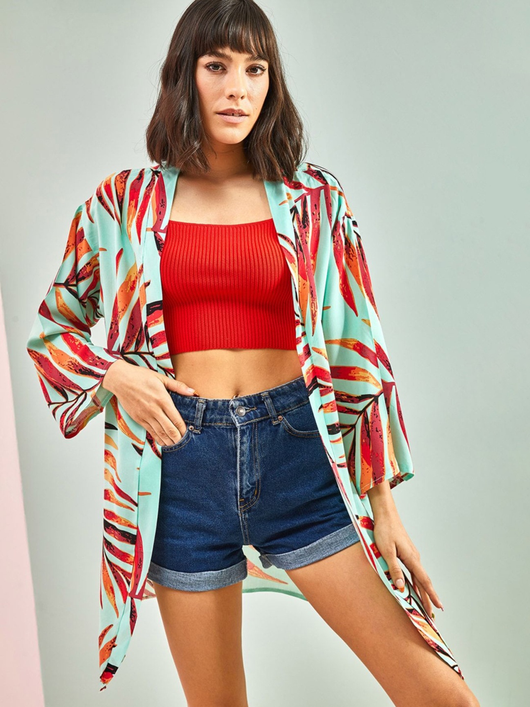 

BIANCO LUCCI Tropical Printed Pure Cotton Longline Shrug, Green
