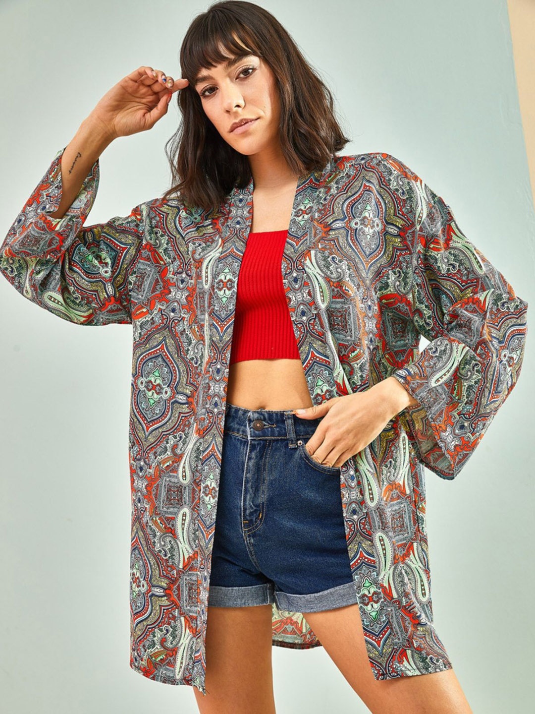 

BIANCO LUCCI Printed Longline Open Front Shrug, Green