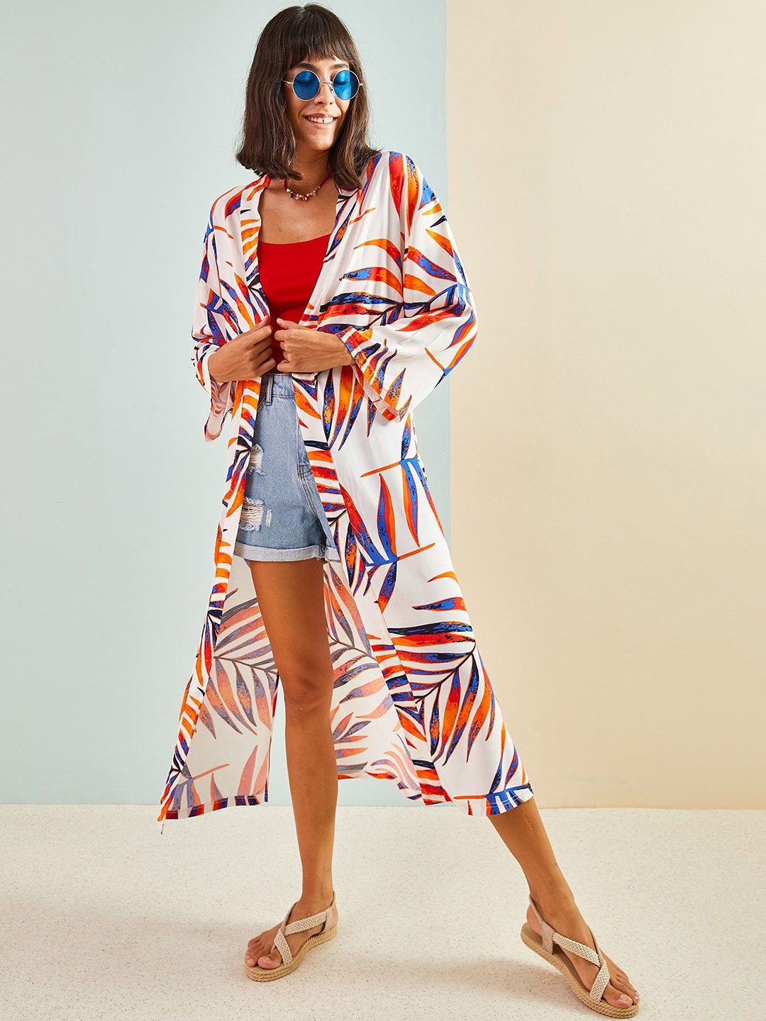 

BIANCO LUCCI Printed Open Front Shrug, White
