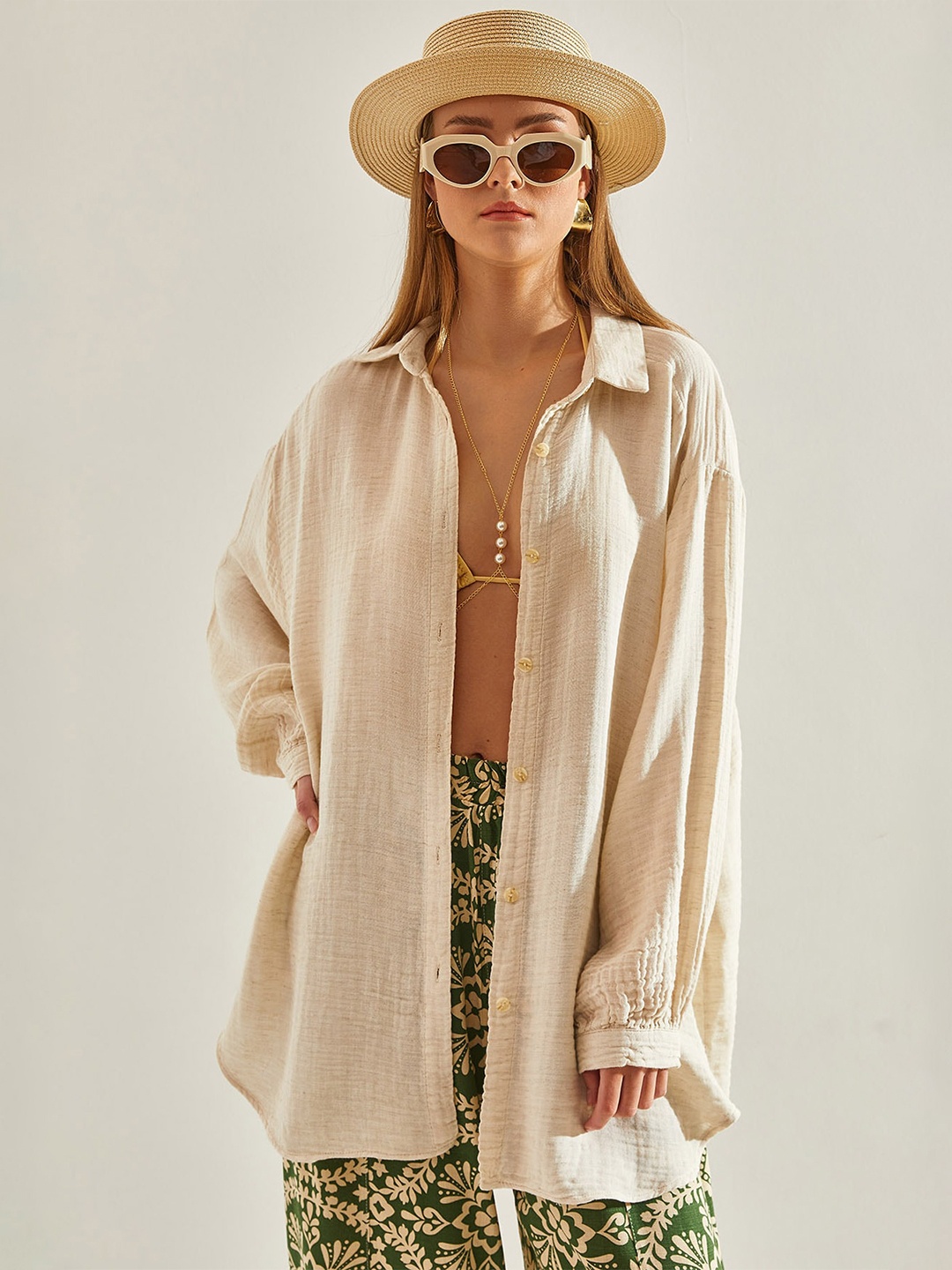 

BIANCO LUCCI Spread Collar Long Sleeves Casual Shirt, Beige
