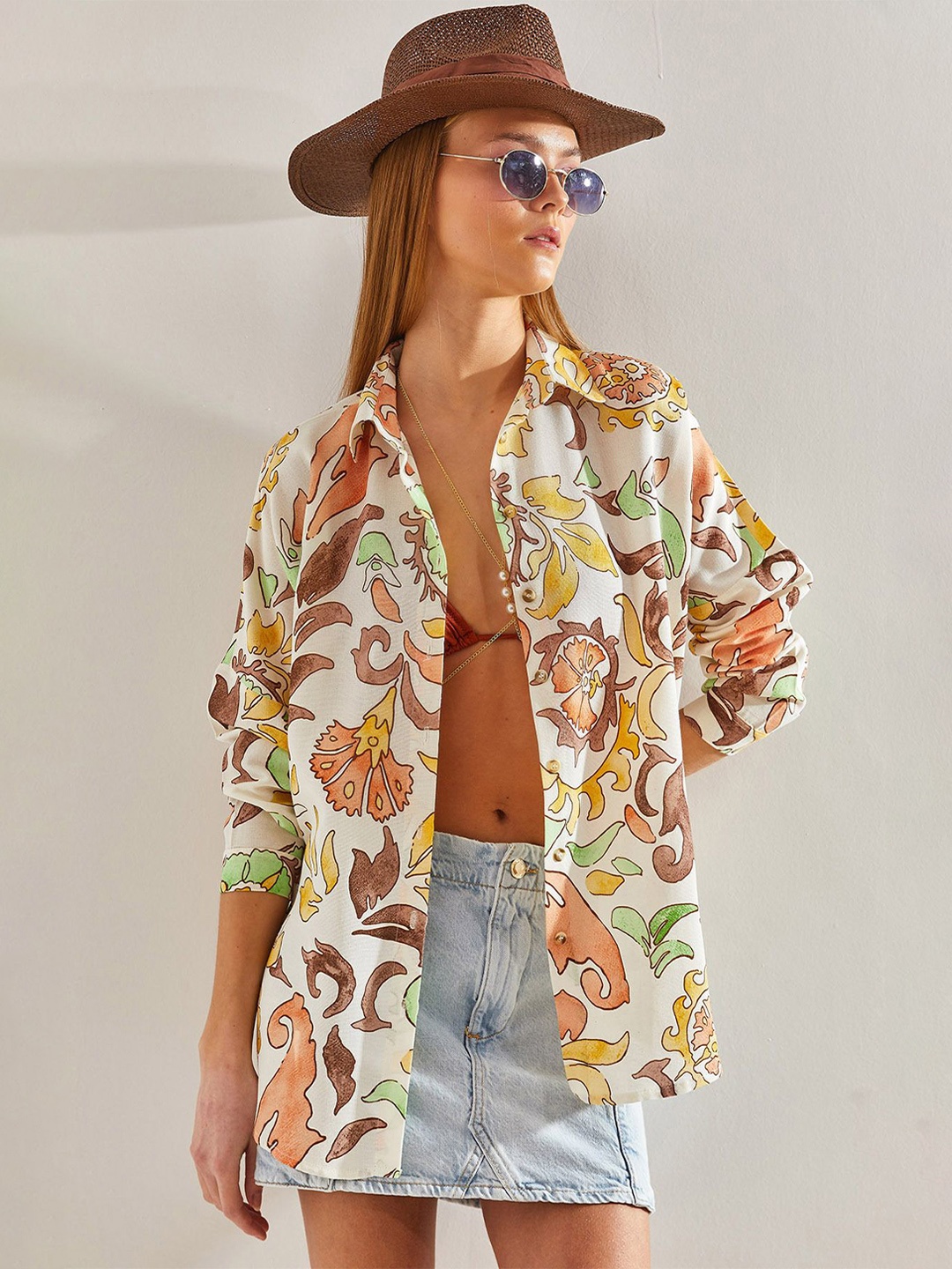 

BIANCO LUCCI Floral Printed Spread Collar Long Casual Shirt, Beige
