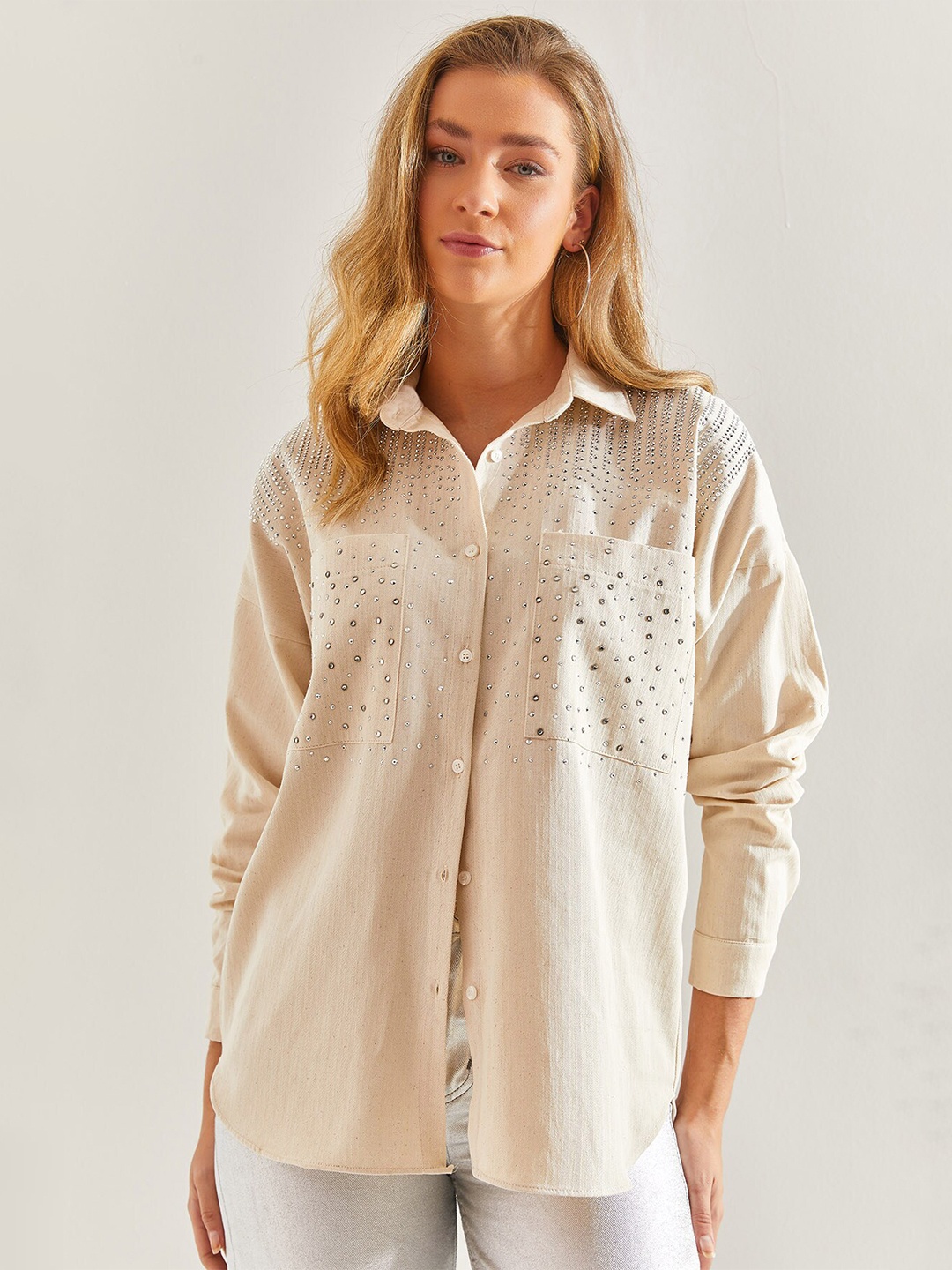 

BIANCO LUCCI Spread Collar Long Sleeves Cotton Casual Shirt, Beige