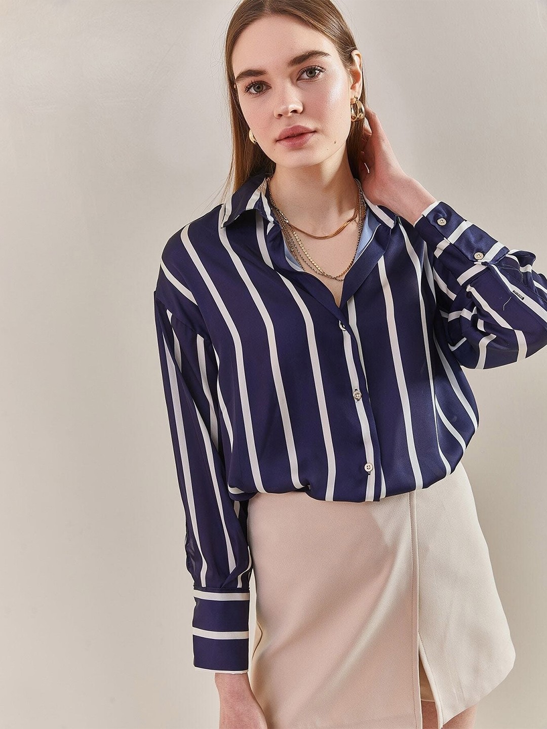 

BIANCO LUCCI Striped Spread Collar Casual Shirt, Blue
