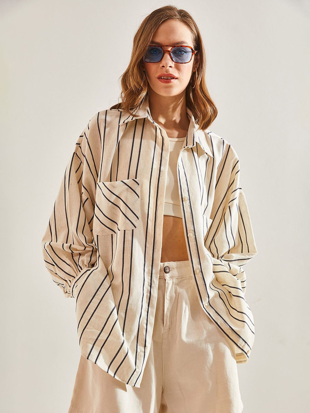 

BIANCO LUCCI Striped Spread Collar Cotton Casual Shirt, Beige