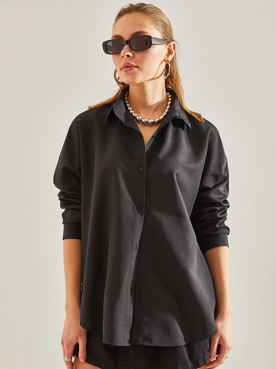

BIANCO LUCCI Spread Collar Cotton Casual Shirt, Black
