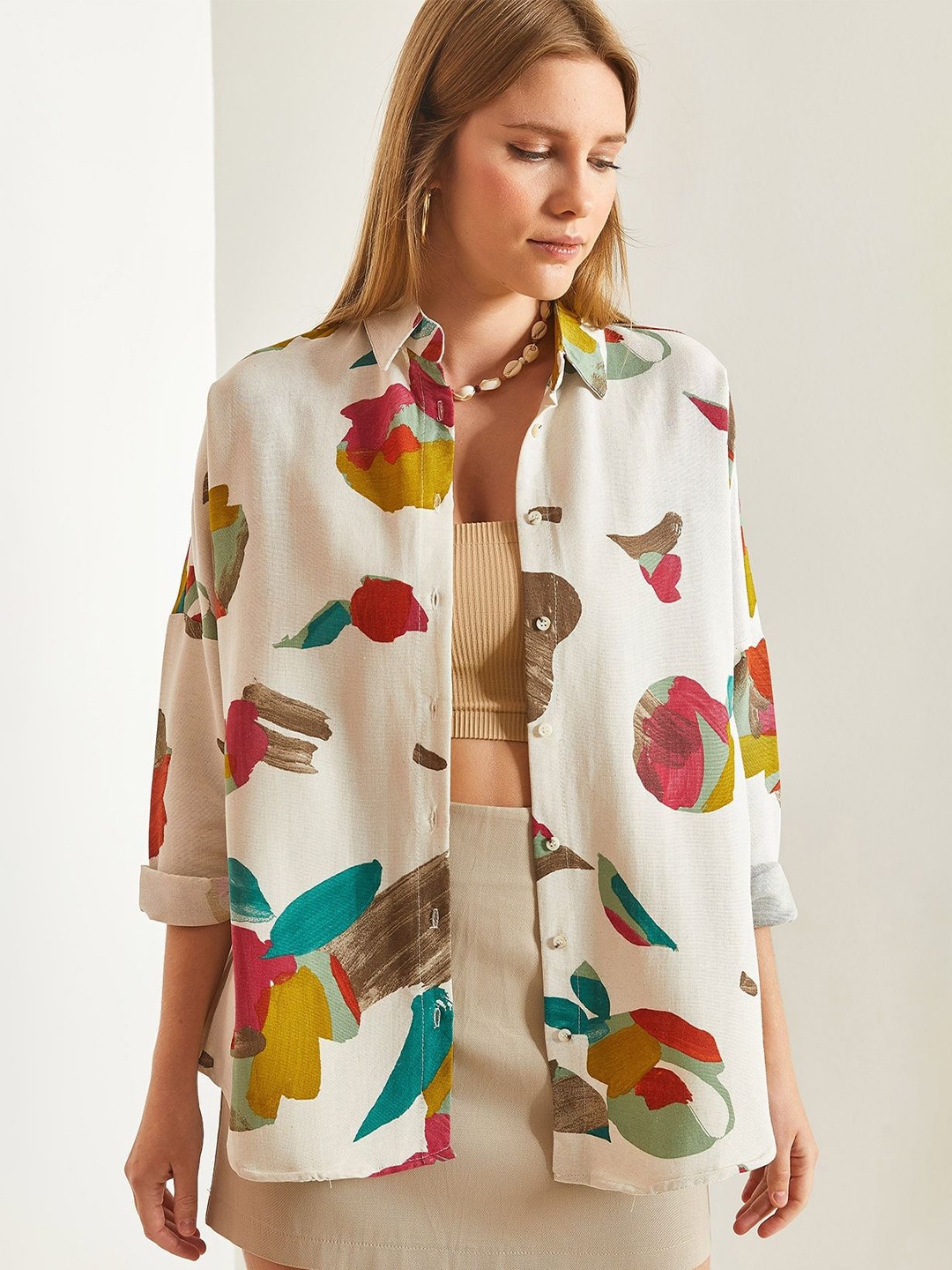 

BIANCO LUCCI Conversational Printed Spread Collar Long Sleeves Casual Shirt, Beige