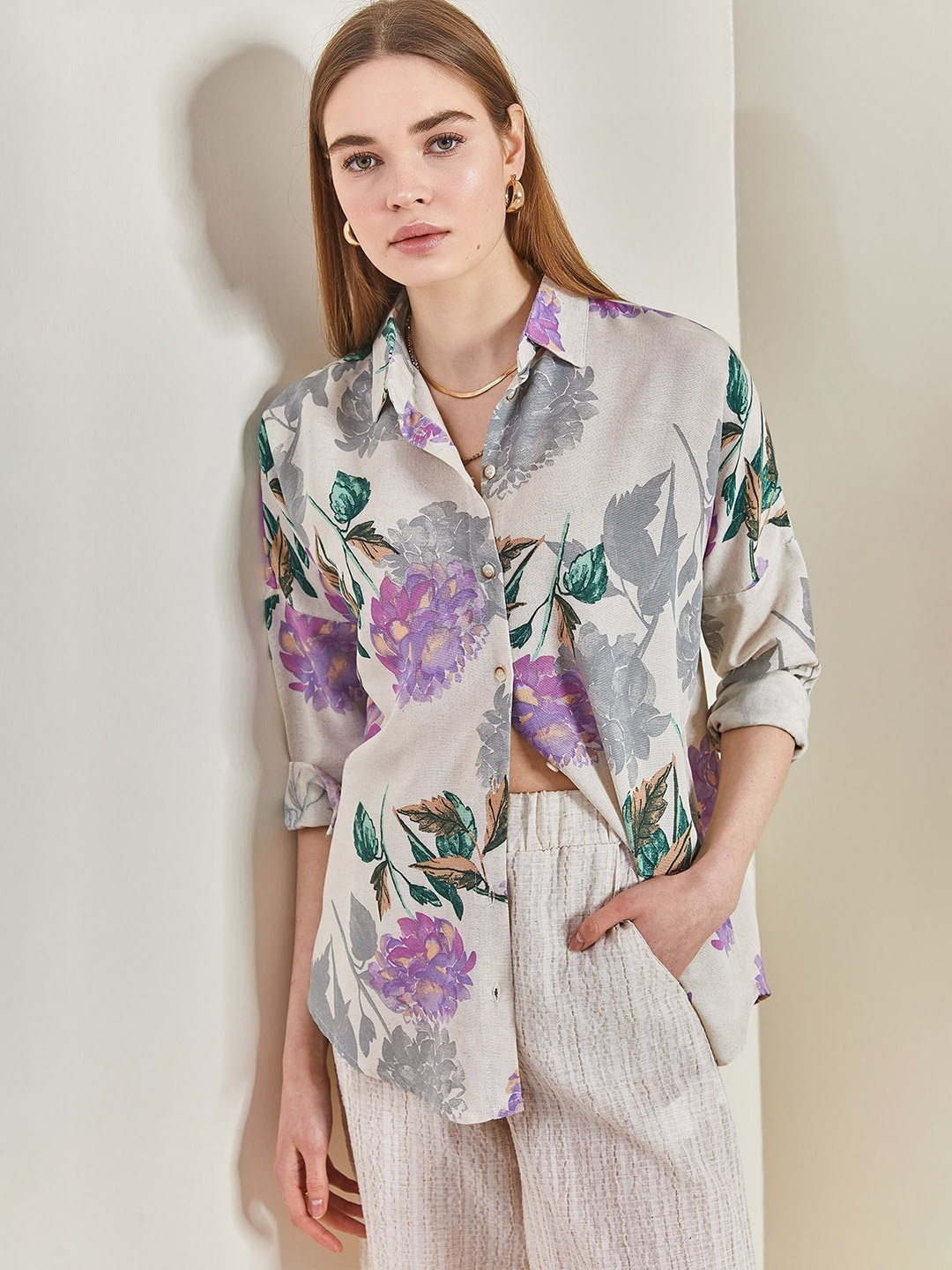 

BIANCO LUCCI Floral Printed Casual Shirt, Grey