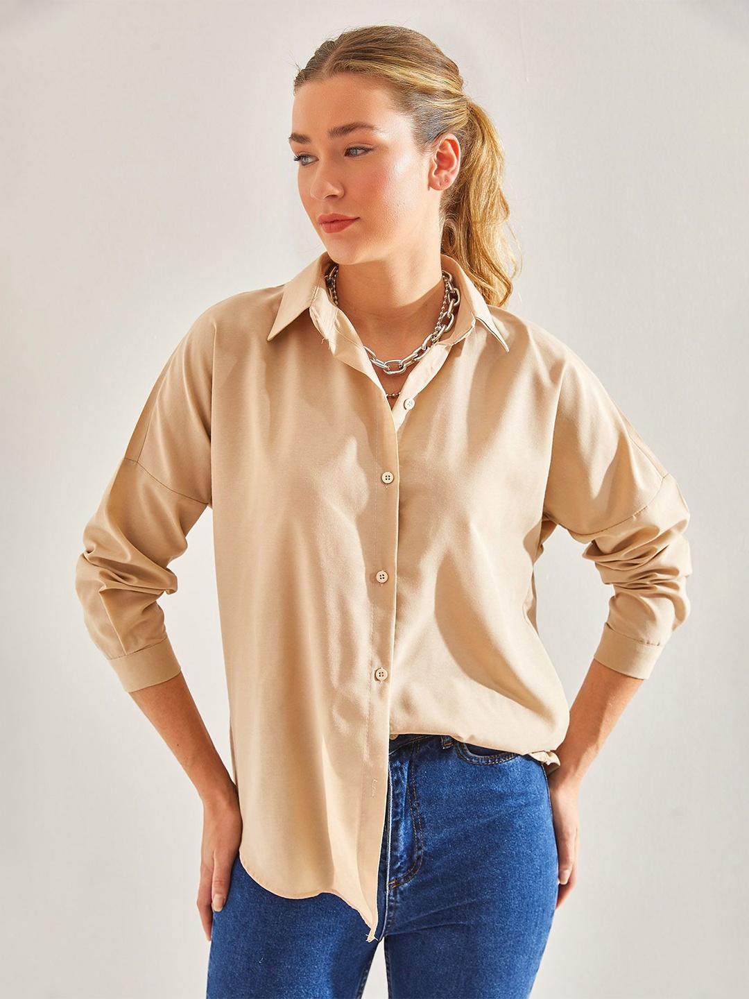 

BIANCO LUCCI Spread Collar Long Sleeves Casual Shirt, Beige