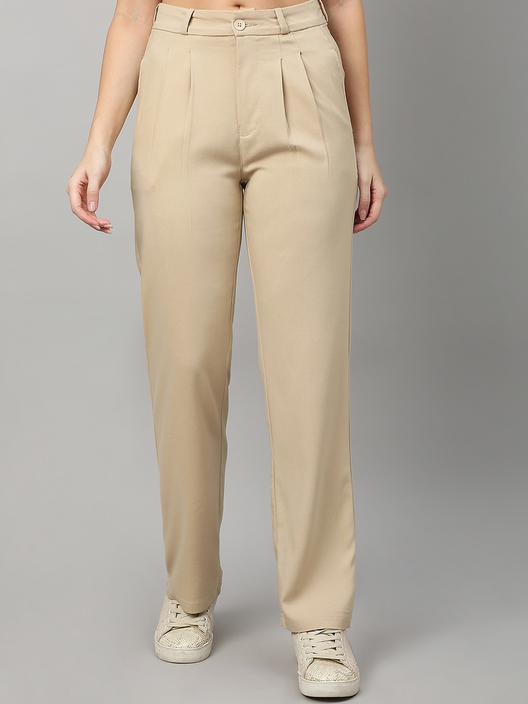 

TARAMA Women Straight Fit High-Rise Pleated Trousers, Beige