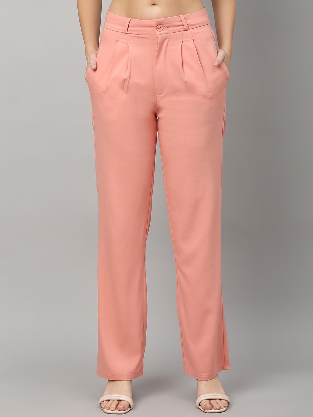 

TARAMA Women High-Rise Straight Fit Pleated Parallel Trousers, Peach