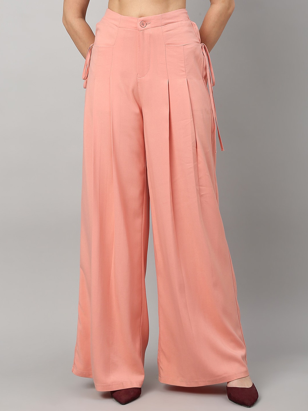 

TARAMA Women High-Rise Straight Fit Pleated Parallel Wide Leg Trousers, Peach
