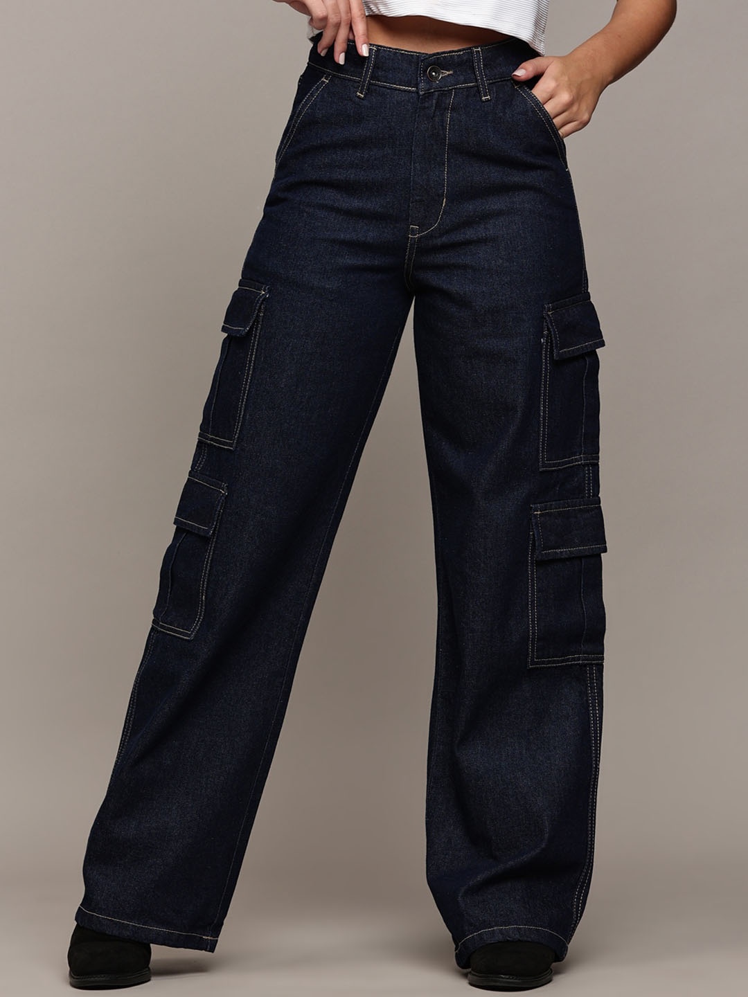 

The Roadster Lifestyle Co. Blue Women Original Wide-Leg Acid Wash Pure Cotton Cargo Jeans