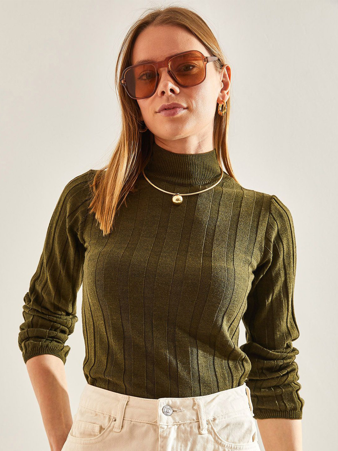 

BIANCO LUCCI Self Design Striped Turtle Neck Pullover, Khaki