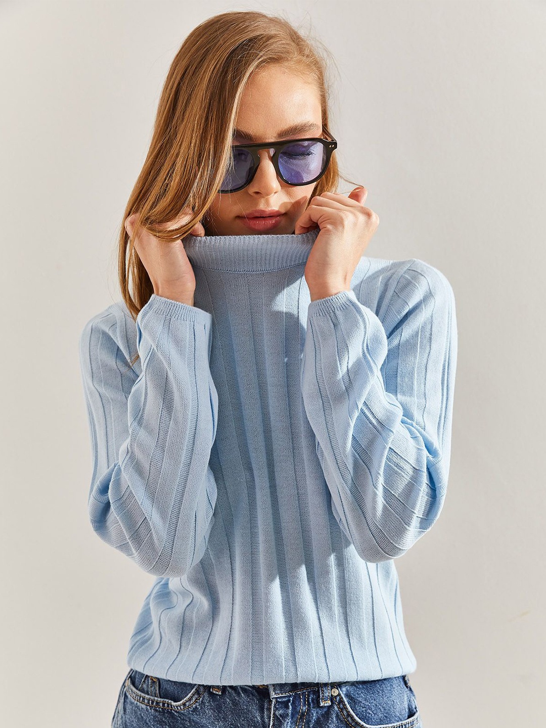 

BIANCO LUCCI Striped Round Neck Pullover Sweaters, Blue