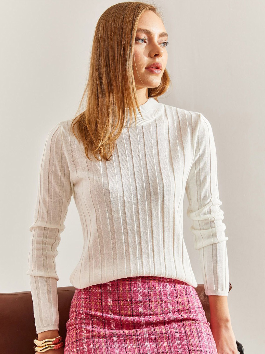 

BIANCO LUCCI Striped Round Neck Pullover Sweaters, White