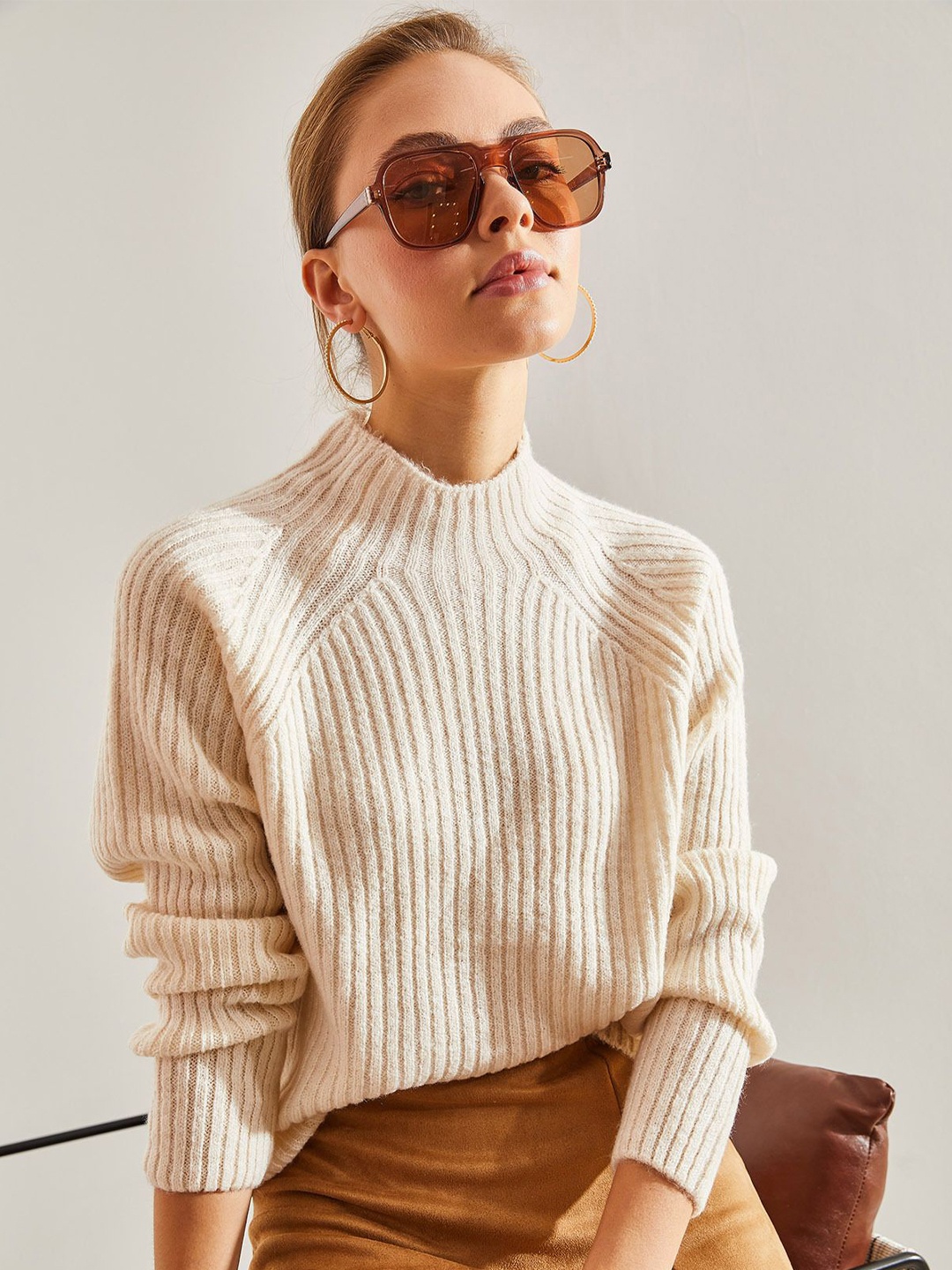 

BIANCO LUCCI Striped High Neck Pullover Sweaters, Cream