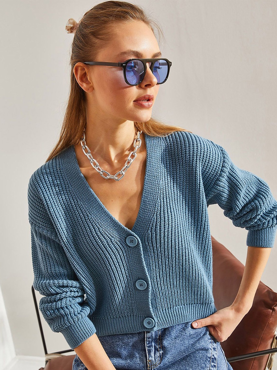 

BIANCO LUCCI Ribbed V-Neck Cardigan Sweaters, Blue