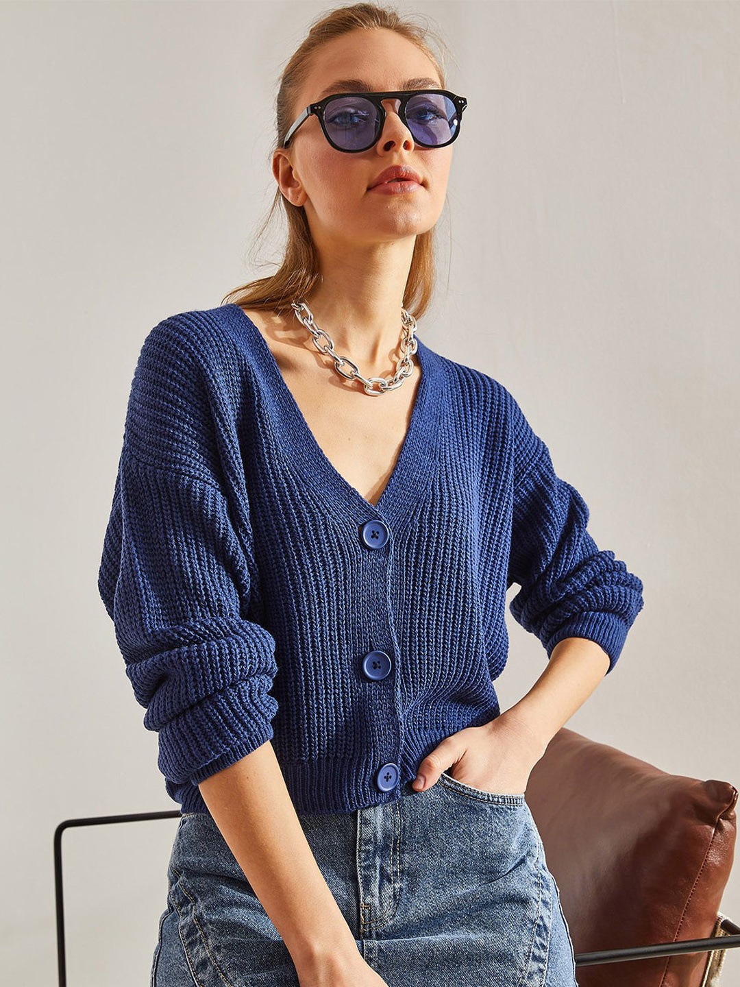 

BIANCO LUCCI V-Neck Ribbed Cardigan Sweaters, Blue