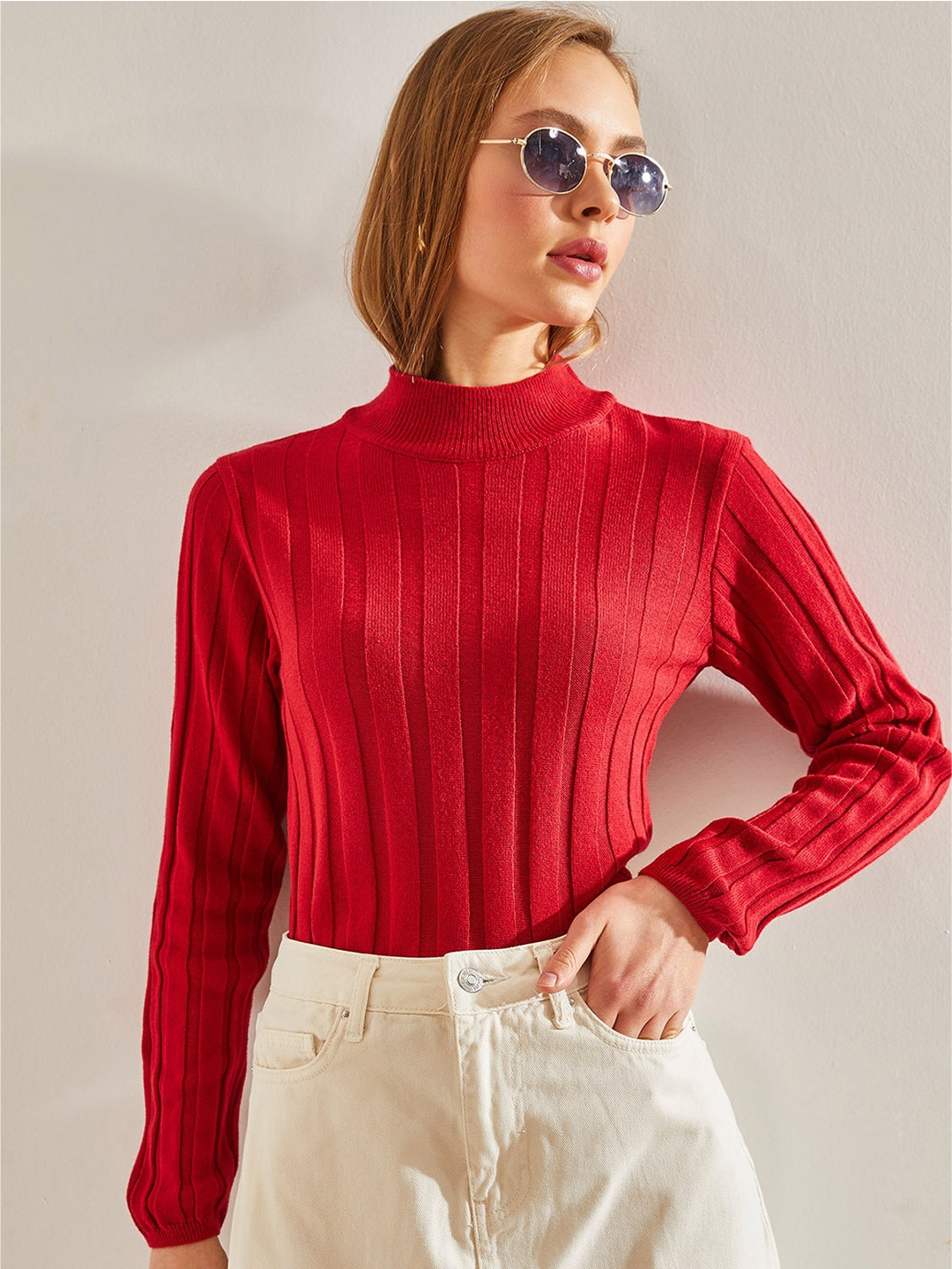 

BIANCO LUCCI Turtle Neck Striped Self Design Pullover, Red