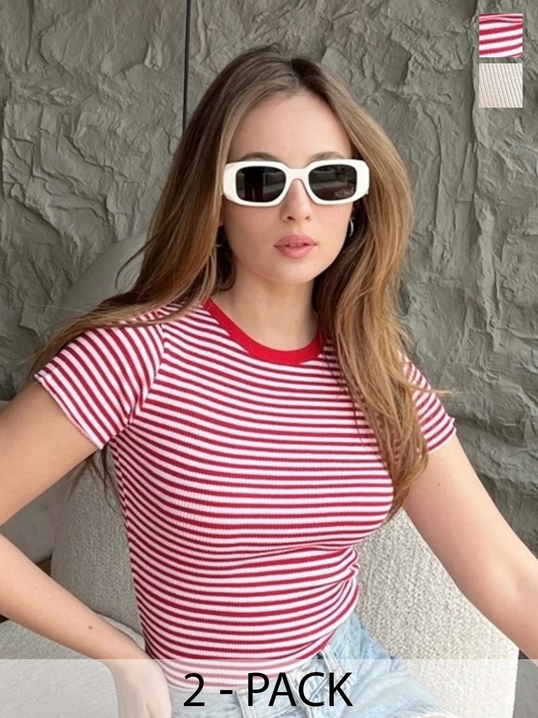 

BIANCO LUCCI Pack Of 2 Striped Round Neck Short Sleeves Fitted Top, Red